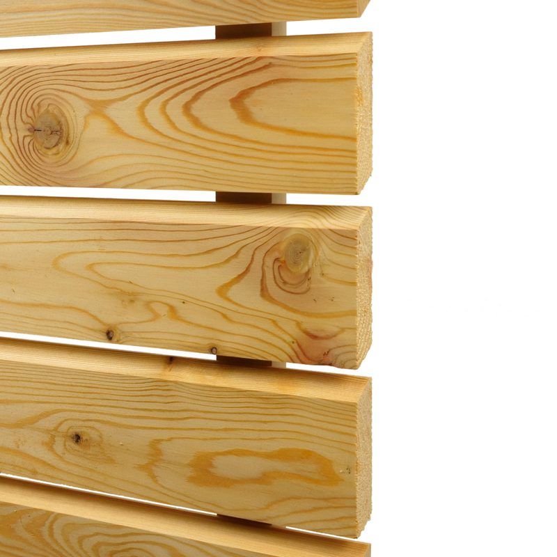 Stack of light pine wooden boards with visible grain and knots, spaced with gaps, against a white background.
