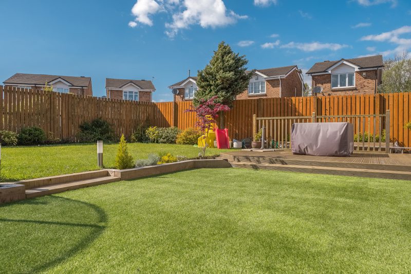 Sunny backyard with a green lawn, wooden fence, and a raised wooden deck. A covered outdoor item sits on the deck, with potted plants and a small flowering tree nearby.