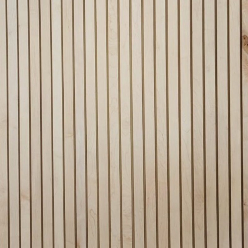Close-up of vertical light wood slats with visible grain and narrow gaps, forming a pale wooden panel pattern.