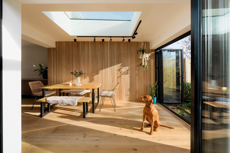 Bright modern dining area with a wooden table and bench, vertical wooden slat wall, skylight, and a brown dog sitting by large glass doors.