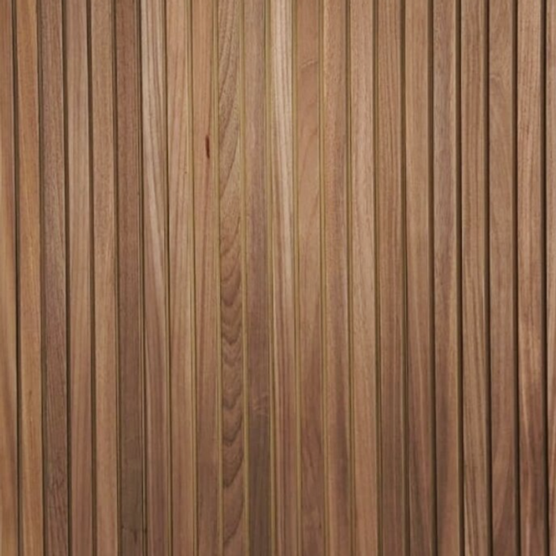 Close-up of vertical wooden planks in varying brown tones, with visible wood grain and narrow seams.