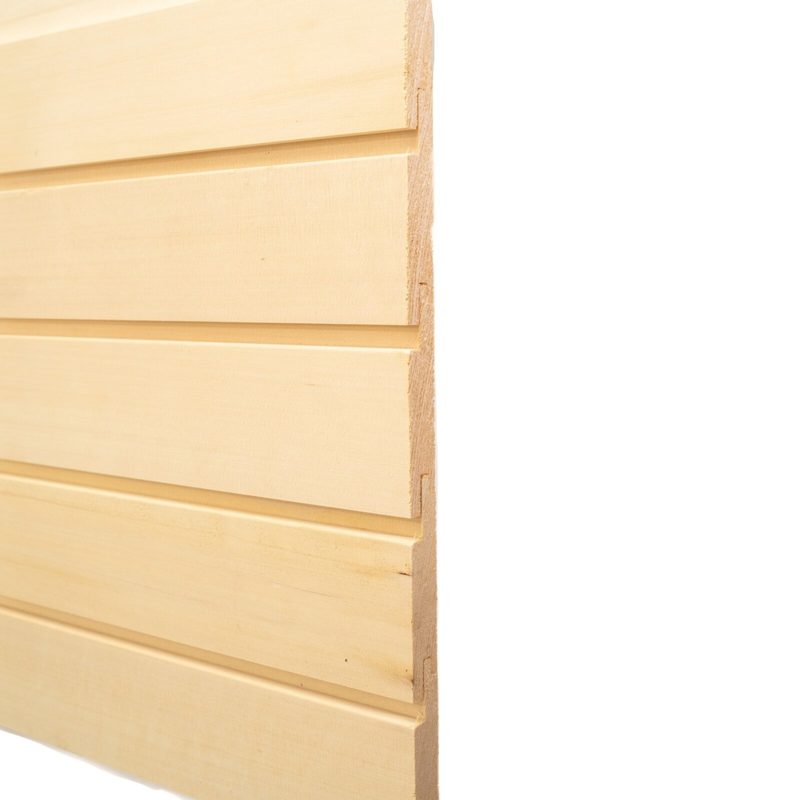 Close-up of light wood louvered slats on the left, evenly spaced horizontal boards with a vertical edge, against a white background.