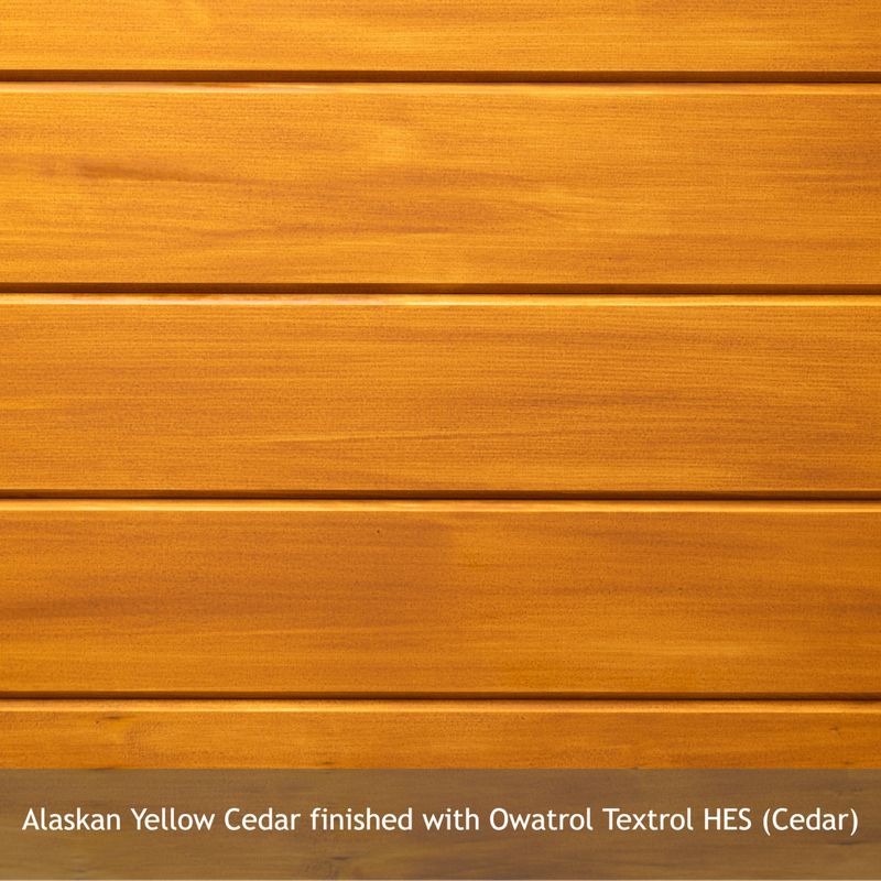 Close-up of horizontal Alaskan Yellow Cedar planks with a warm orange finish; a bottom caption reads 'Alaskan Yellow Cedar finished with Owatrol Textral HES (Cedar)'.