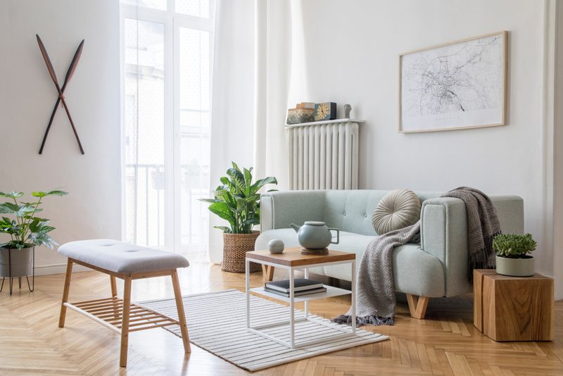 Bright living room with a light mint sofa, gray throw, wooden bench, plants, and a coffee table with a teapot; wall map and crossed skis decor.