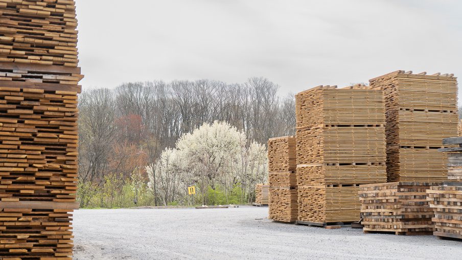Stacks of lumber on pallets in an outdoor yard, gravel ground, with bare trees and a white-flowering tree in the background under a cloudy sky.