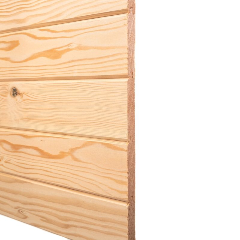 Close-up of horizontal light pinewood planks with distinct grain patterns and knots, set against a white background.