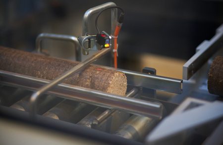 Close-up of a rough log on a metal conveyor in an industrial wood-processing machine, featuring a clamp, a sensor, and orange cables.