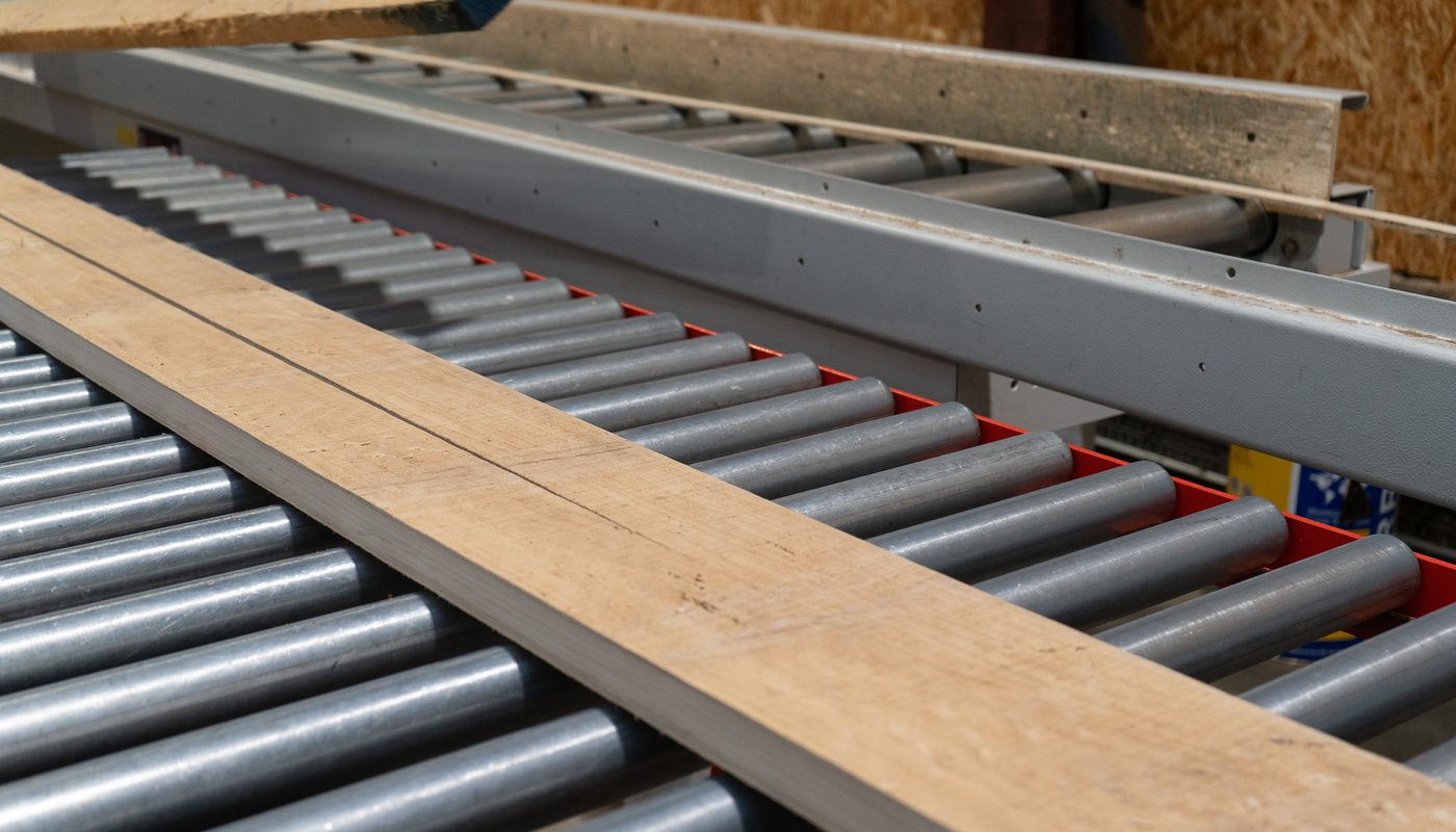 A ripped timber board is positioned on a roller conveyor, at Duffield Timber's factory.