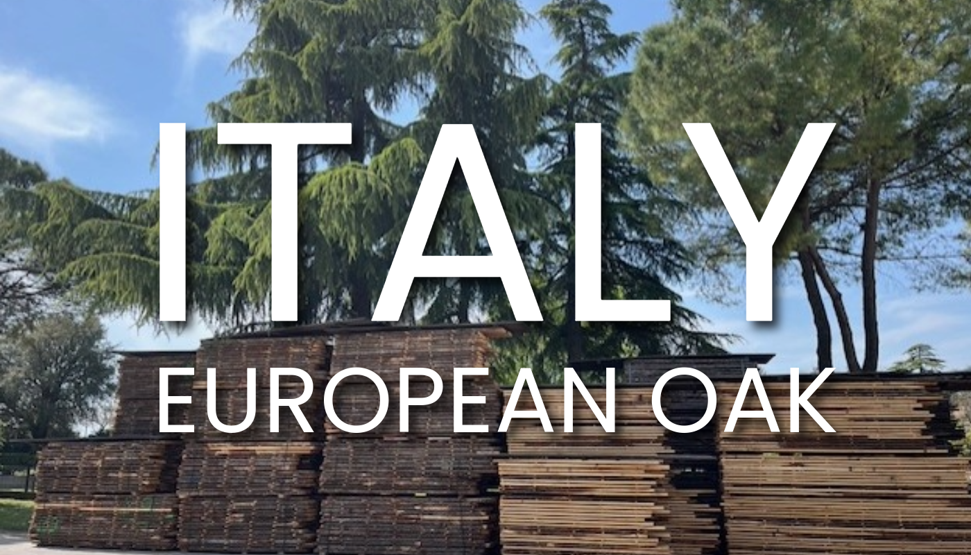 Stacks of wooden planks in an outdoor yard with trees and blue sky; large white overlay text reads ITALY and EUROPEAN OAK.