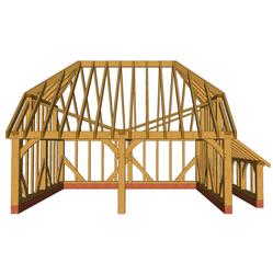 Timber-framed building under construction with exposed studs, diagonal bracing, brick foundation, and a small side shed under a pitched roof.