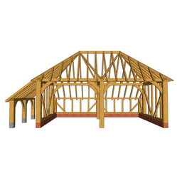 Wooden timber-framed building under construction, with exposed trusses and diagonal braces, brick foundation, and a small left-side porch.
