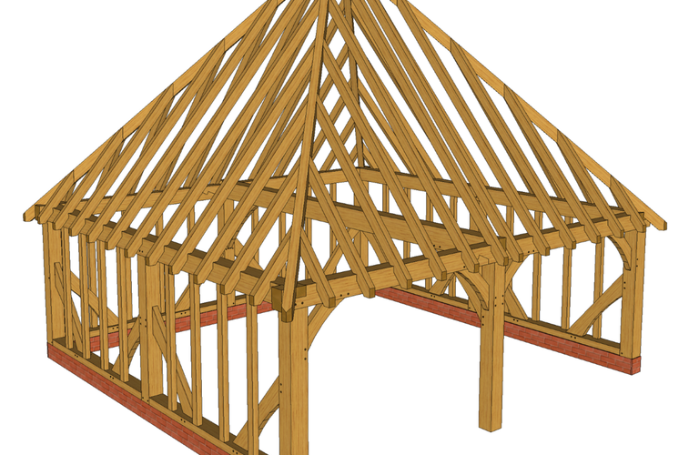 Three-quarter view of a timber-frame building under construction with a pitched roof of interlacing rafters, brick base, and an arched front opening.