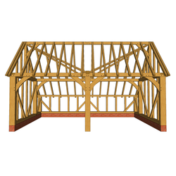 Timber-framed structure under construction with exposed beams, diagonal bracing, and a brick foundation along the base.
