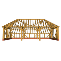 Wooden timber-frame building under construction with brick foundation, exposed rafters and posts, diagonal bracing, and an open interior.