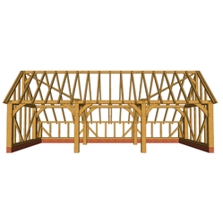 Timber-framed building under construction: exposed wooden posts, diagonal braces, and roof trusses atop a brick foundation, forming open interior bays.