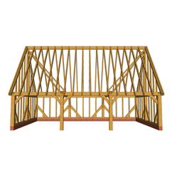 Timber-framed building under construction with a pitched roof, diagonal bracing, and brick foundation.