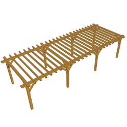 Long wooden slatted framework with evenly spaced planks and vertical supports, resembling a garden trellis or bridge, shown at an angle.