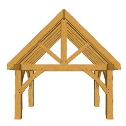 Wooden timber-framed open structure with a peaked triangular roof truss, supported by four posts and diagonal braces.