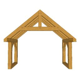 Wooden timber-frame structure forming a small house shape with a peaked roof supported by two vertical posts and arched openings.