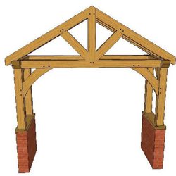 Timber-framed garden gateway with brick bases, a triangular gable roof, and an open central entry.