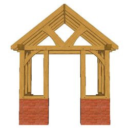 Timber-framed doorway with a pitched roof truss atop brick foundations, showing open doorways and window openings in an incomplete house frame.