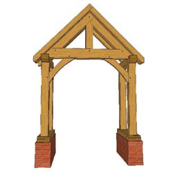 A wooden archway structure featuring a triangular peaked roof, supported by two vertical posts on red brick bases.