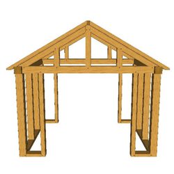 Wooden open-frame shelter with four vertical posts and a triangular pitched roof truss, showing an unfinished timber frame.