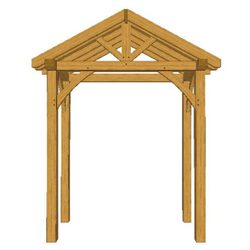 Four-post wooden garden frame with a pitched gable roof, showing exposed rafters and cross-bracing on an open timber structure.