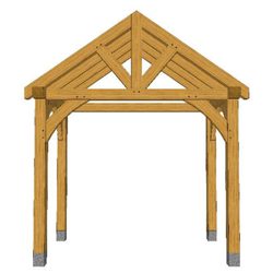 Freestanding wooden garden structure: a pitched, gabled roof over four posts with diagonal braces and concrete footings.
