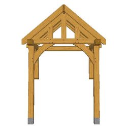 Wooden timber-frame gateway with a pitched gabled roof, four posts, and cross braces on a white background.