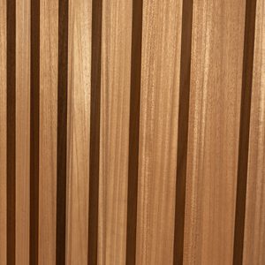 Close-up of vertical wooden slats in warm brown tones, with visible wood grain.