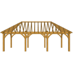 Open wooden timber-frame structure with multiple vertical posts, arched braces, and a pitched roof truss, resembling a large outdoor pavilion.