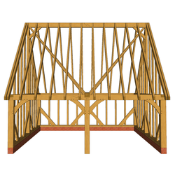 Wood-framed building under construction with diagonal bracing, roof trusses, and a brick base; front view shows timber studs and a central support post.