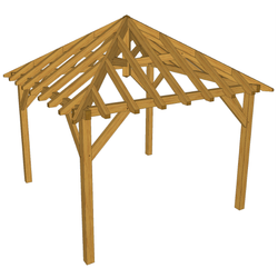 A wooden open-frame structure with a pitched roof, exposed rafters and braces, supported by four vertical posts.