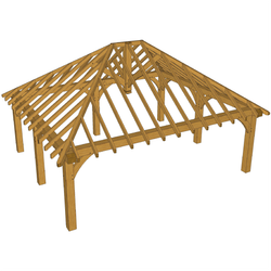 Timber-framed shelter with a pitched roof and visible trusses, supported by posts; no walls, shown in 3D perspective.