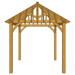 Wooden open-frame pavilion with four posts, cross-bracing, and a gabled roof with exposed timber rafters.