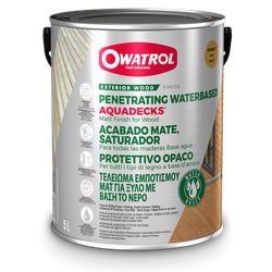 5L metal can of Owatrol Exterior Wood Penetrating Water-Based Finish for decks; red Owatrol logo, wood deck graphic, and green multilingual text.