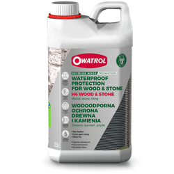 White plastic bottle with a handle and red cap; label reads Owatrol Waterproof Protection for Wood & Stone, exterior wood prep, 2.5 L.