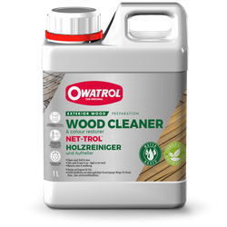 White plastic bottle with a red cap and handle, labeled Owatrol Wood Cleaner for exterior wood; green and white label with a wood background, 1 L.
