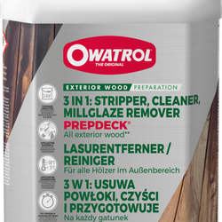 White plastic jug with a green cap labeled “Owatrol Exterior Wood Preparation 3 in 1: stripper, cleaner, mill glaze remover”; wood background graphic.