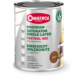 One-liter can of Owatrol exterior wood saturator finish in Teak, with silver label, brand logo, and wood-protection text visible.
