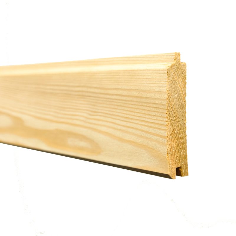 Light pine wooden plank with visible grain, viewed from the side with the end cross-section at the right, set against a white background.