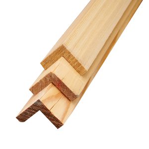 Close-up of several light wooden boards with notched ends, stacked diagonally on a white background.