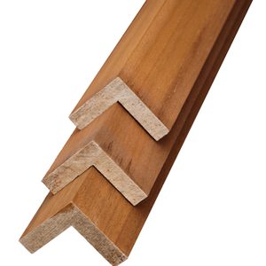 Angled wooden strip with three light rectangular wedges attached along the edge, forming a stepped zigzag profile.