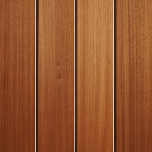 Four vertical wooden closet doors with warm brown grain and narrow light-colored gaps between panels.