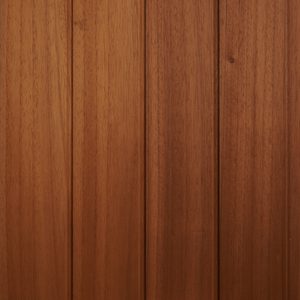 Close-up of vertical wooden planks with a warm reddish-brown stain, showing grain patterns and narrow gaps.