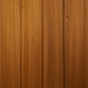 Close-up of vertical wooden planks with a warm reddish-brown stain, showing grain patterns and narrow gaps.