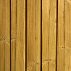 Close-up of vertical wooden boards with visible grain, knots, and narrow gaps, in warm brown tones.