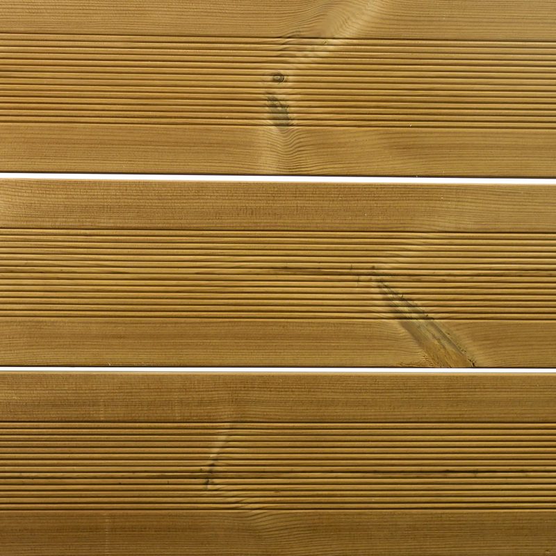 Close-up of warm brown wooden deck planks arranged horizontally with visible grain, knots, and thin white gaps between boards.