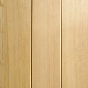 Close-up of light beige wooden paneling with vertical planks and narrow grooves.